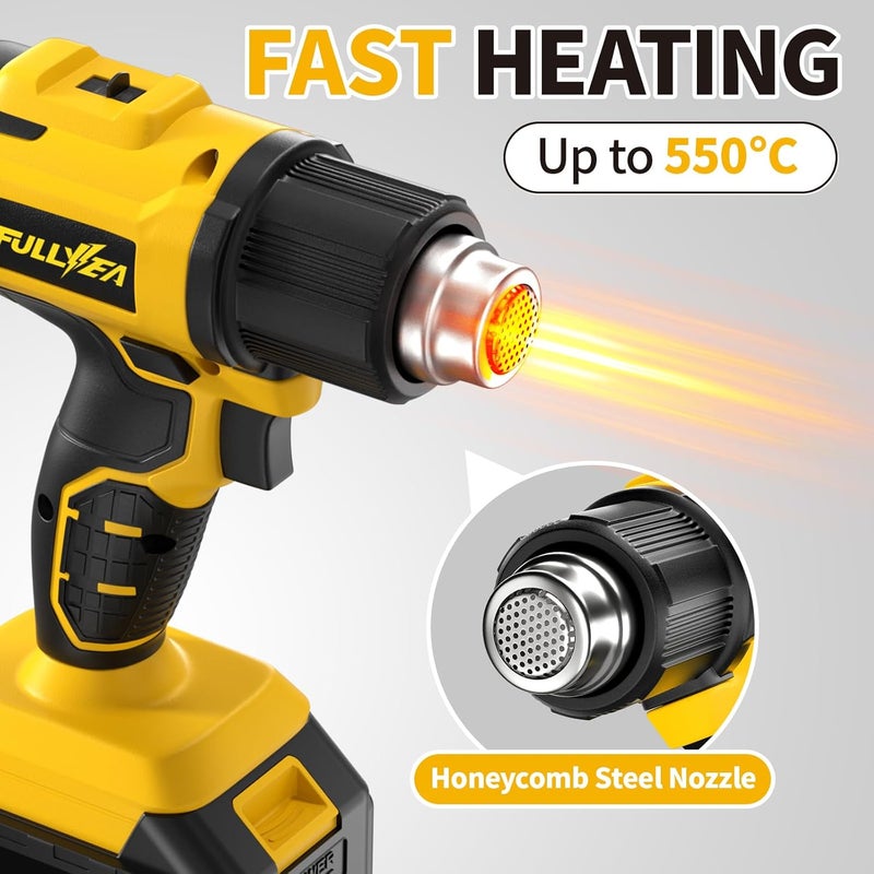 FULLYEA Cordless Heat Gun, Max 1022°F (550°C), Lightweight Hot Air Gun with 5 Nozzles & 2x4.0Ah Batteries, Portable Heat Gun Kit for Shrink Tubing, PVC Wrap, DIY Crafts (Yellow) - Image 4